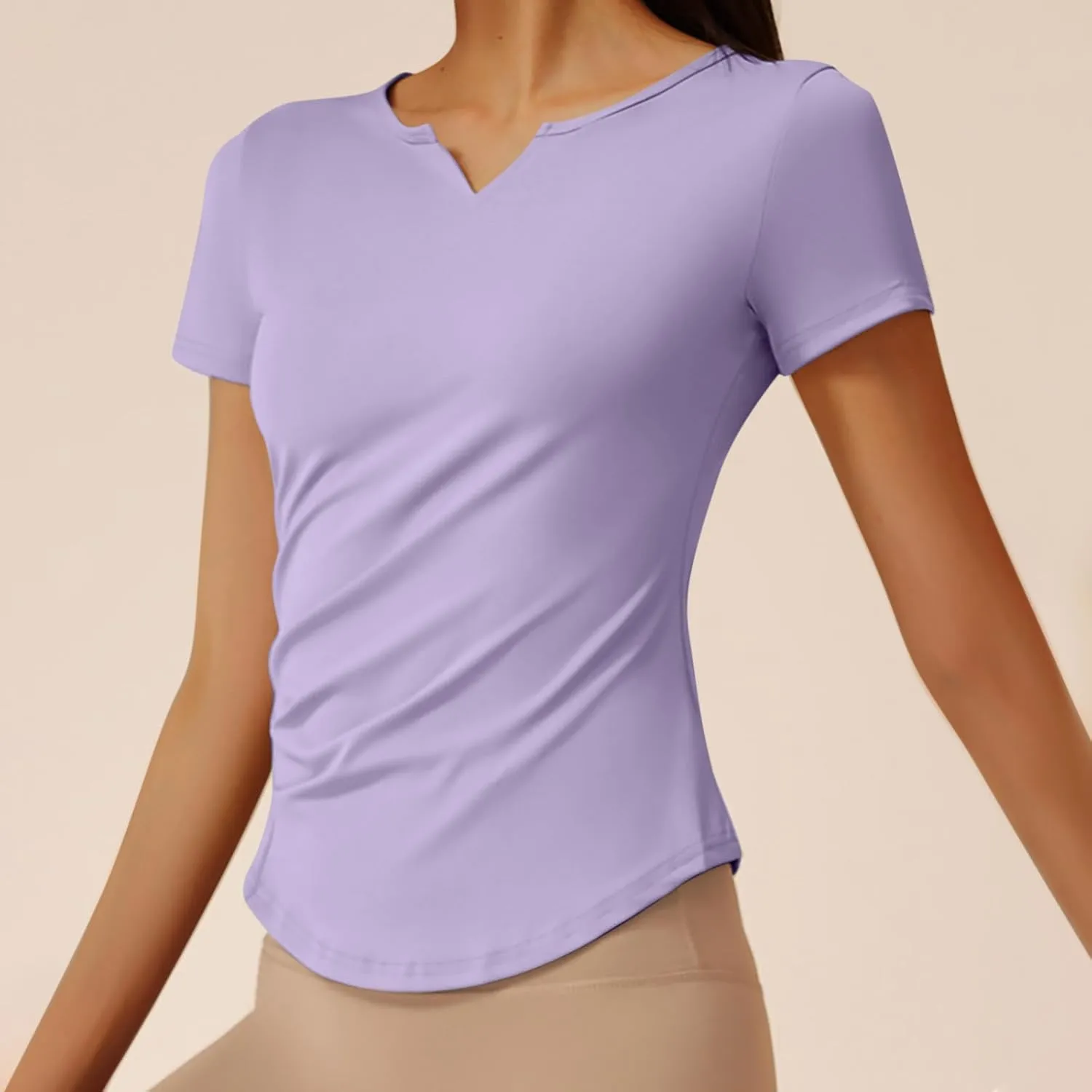 Women Short Sleeve Workout Shirts Ruched Slim Fitted V-Neck Yoga Tops Casual Athletic Gym Quick Dry Running Tees