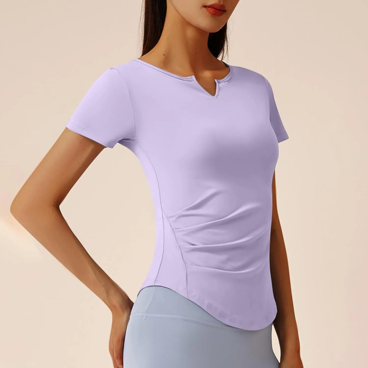 Women Short Sleeve Workout Shirts Ruched Slim Fitted V-Neck Yoga Tops Casual Athletic Gym Quick Dry Running Tees