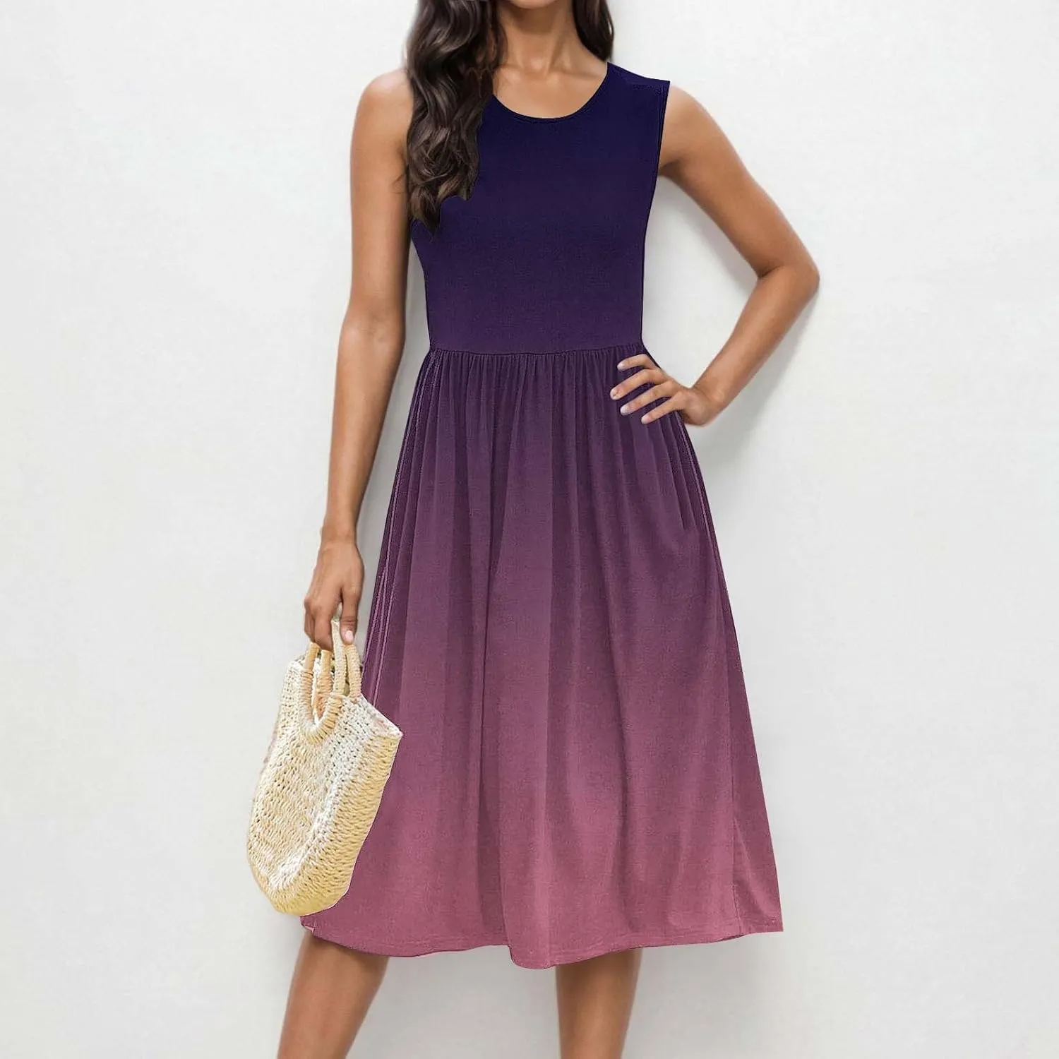 Women Sleeveless Casual Dresses Summer Trendy Midi Length Dress Gradient Color Beach Sundress Vacation Clothes