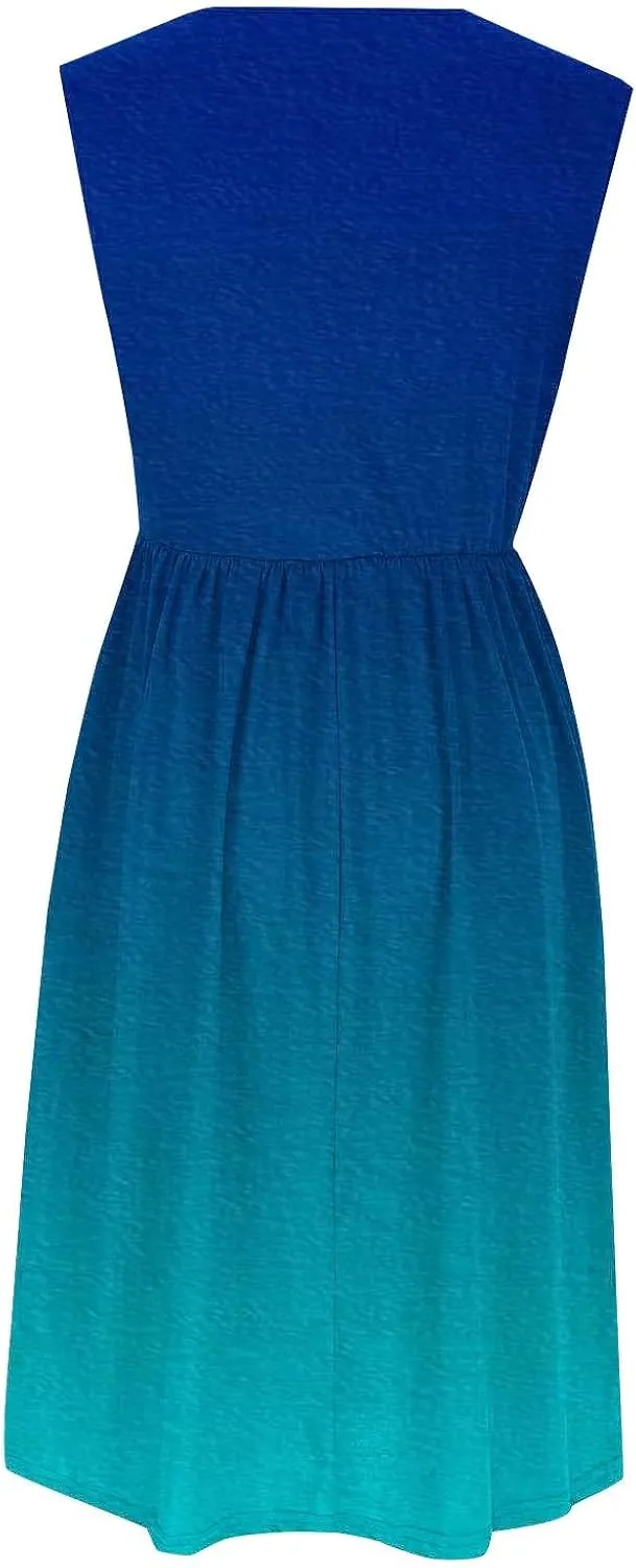 Women Sleeveless Casual Dresses Summer Trendy Midi Length Dress Gradient Color Beach Sundress Vacation Clothes