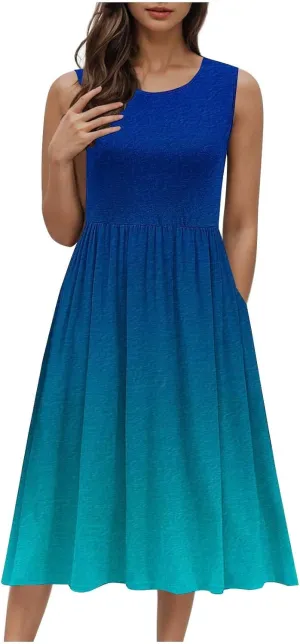 Women Sleeveless Casual Dresses Summer Trendy Midi Length Dress Gradient Color Beach Sundress Vacation Clothes