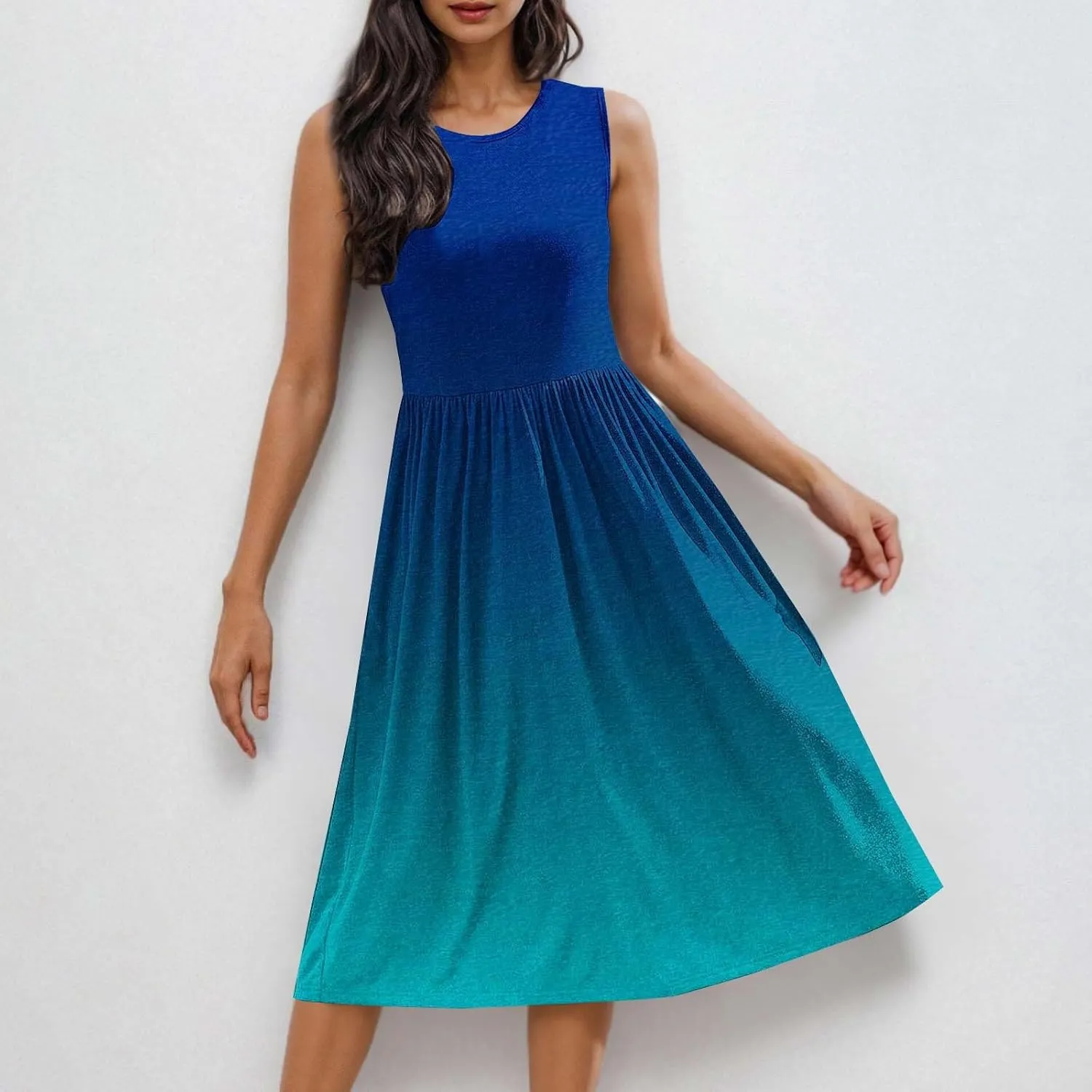 Women Sleeveless Casual Dresses Summer Trendy Midi Length Dress Gradient Color Beach Sundress Vacation Clothes
