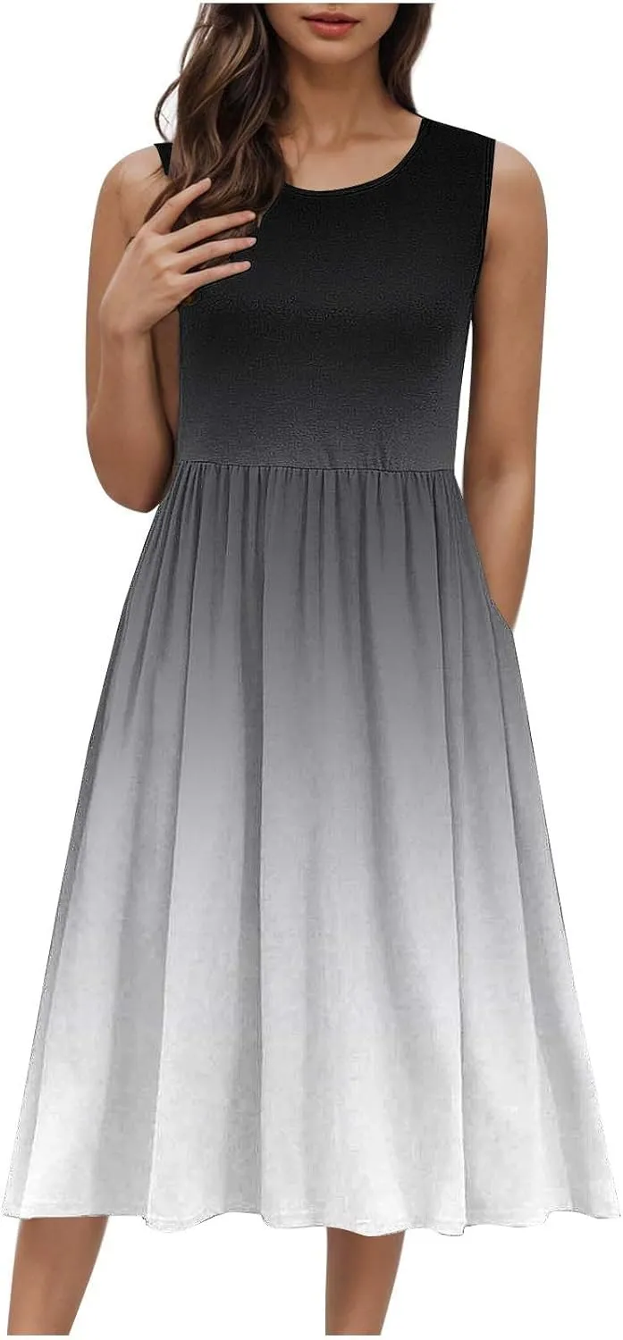 Women Sleeveless Casual Dresses Summer Trendy Midi Length Dress Gradient Color Beach Sundress Vacation Clothes