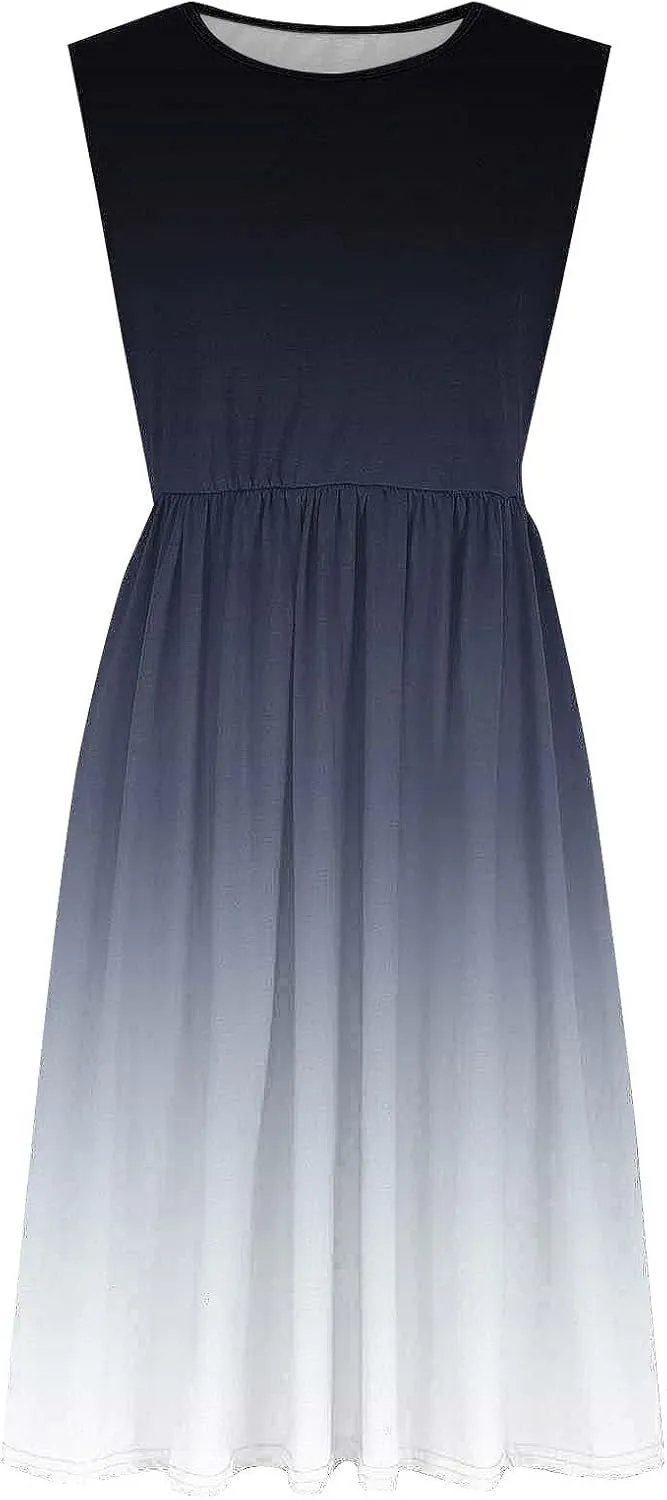 Women Sleeveless Casual Dresses Summer Trendy Midi Length Dress Gradient Color Beach Sundress Vacation Clothes