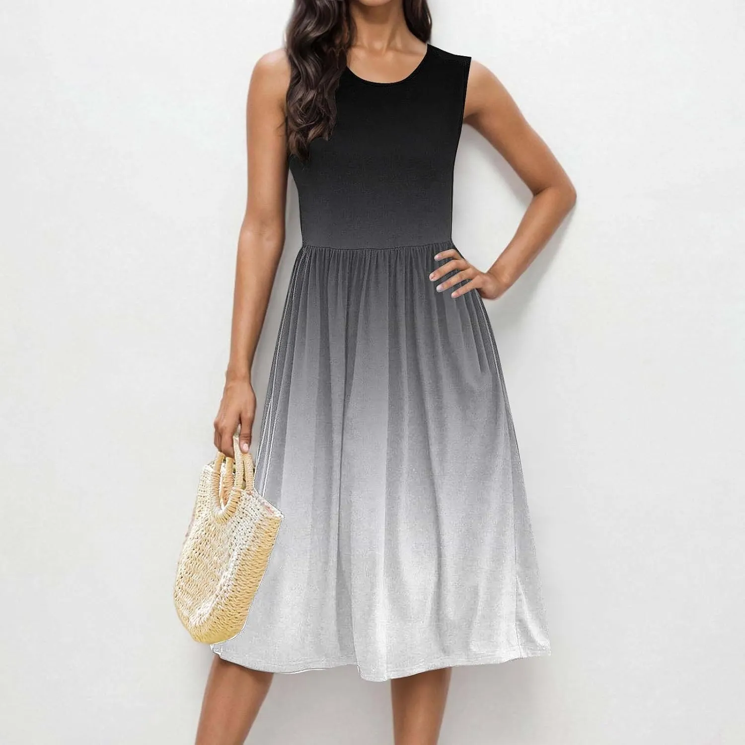 Women Sleeveless Casual Dresses Summer Trendy Midi Length Dress Gradient Color Beach Sundress Vacation Clothes