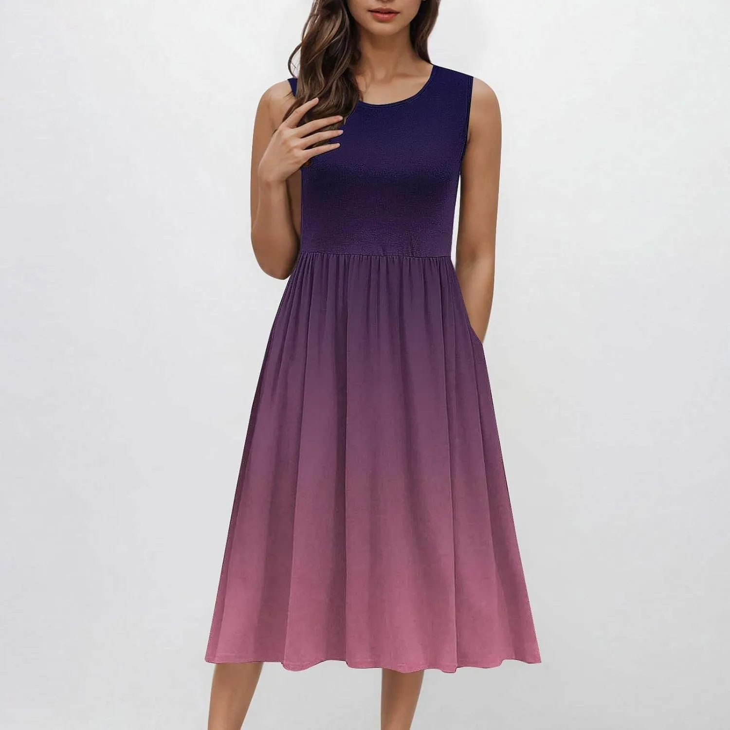 Women Sleeveless Casual Dresses Summer Trendy Midi Length Dress Gradient Color Beach Sundress Vacation Clothes