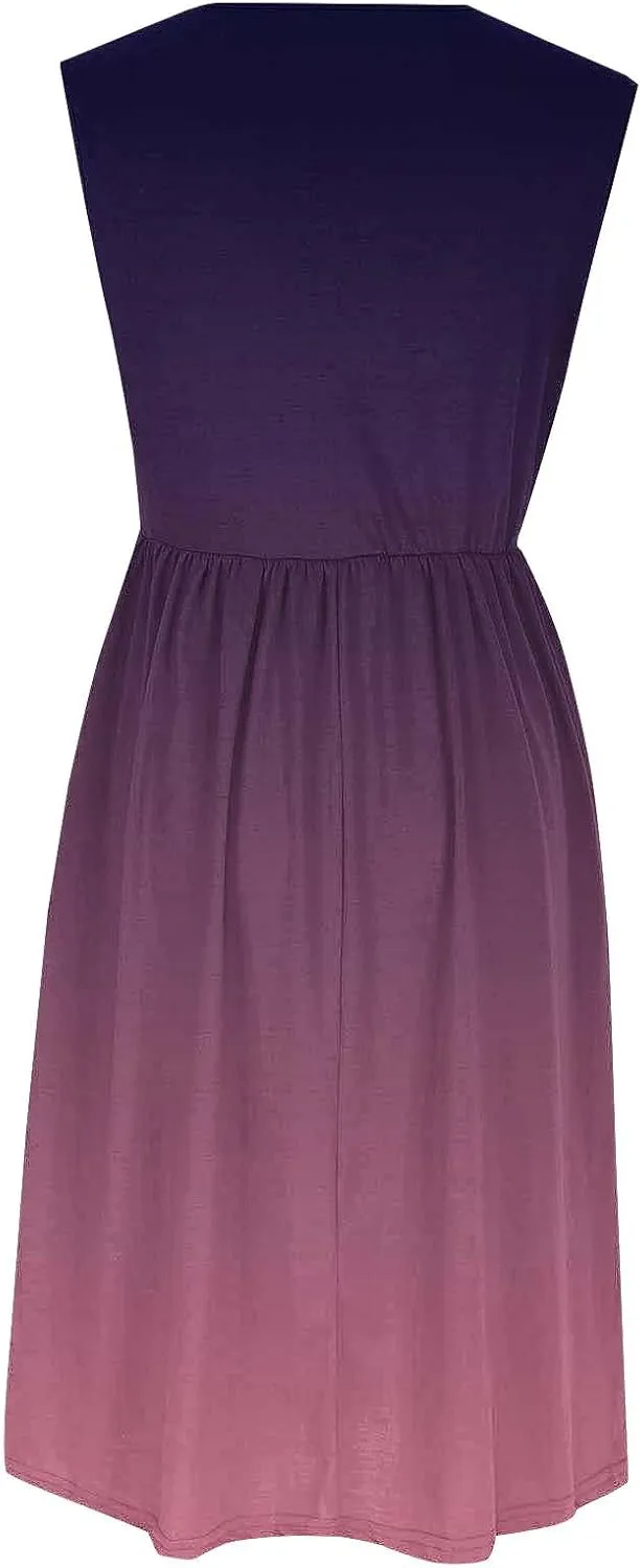 Women Sleeveless Casual Dresses Summer Trendy Midi Length Dress Gradient Color Beach Sundress Vacation Clothes