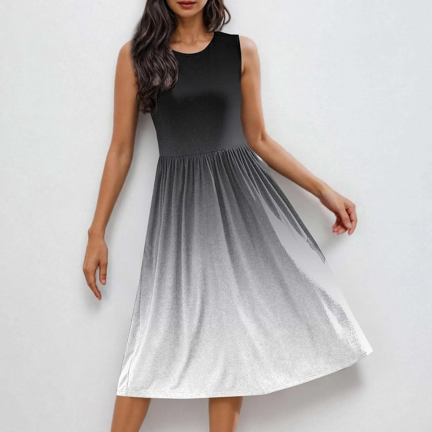 Women Sleeveless Casual Dresses Summer Trendy Midi Length Dress Gradient Color Beach Sundress Vacation Clothes