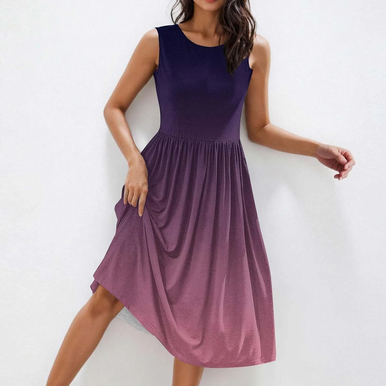 Women Sleeveless Casual Dresses Summer Trendy Midi Length Dress Gradient Color Beach Sundress Vacation Clothes