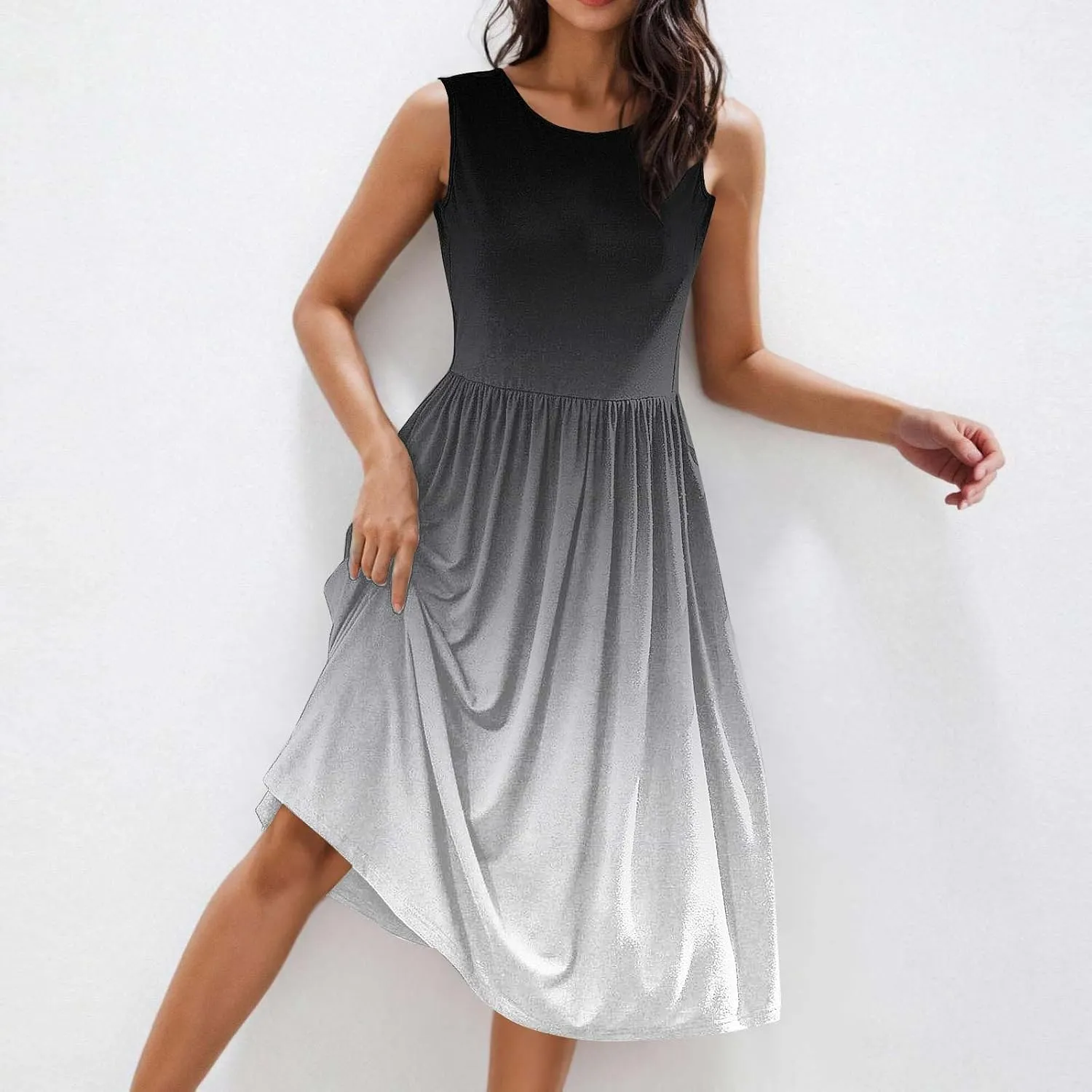 Women Sleeveless Casual Dresses Summer Trendy Midi Length Dress Gradient Color Beach Sundress Vacation Clothes