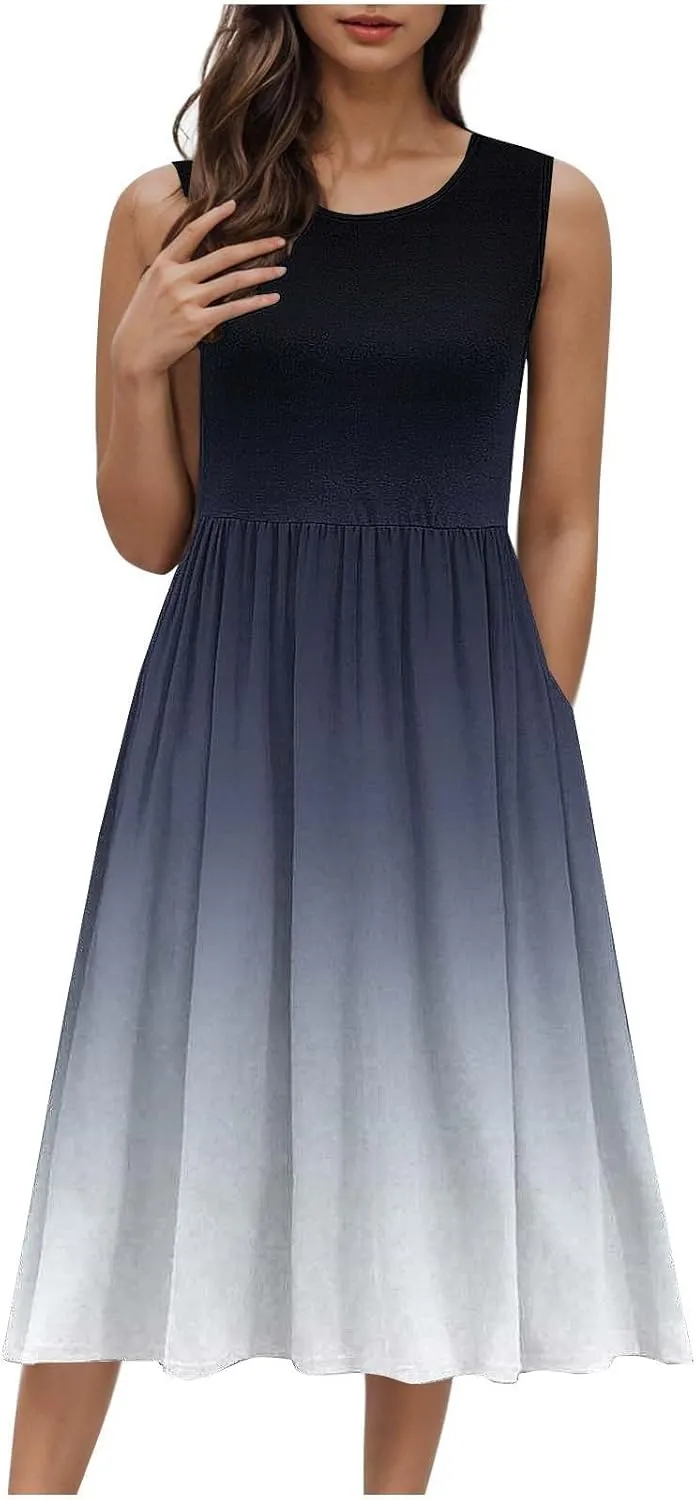 Women Sleeveless Casual Dresses Summer Trendy Midi Length Dress Gradient Color Beach Sundress Vacation Clothes