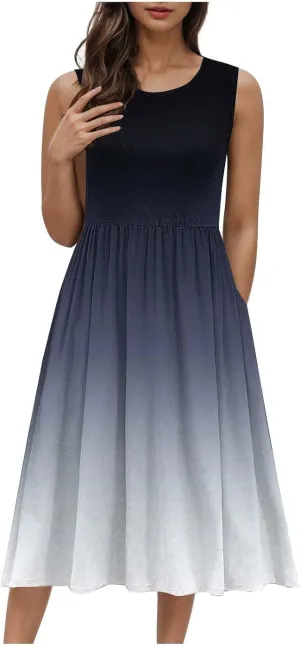 Women Sleeveless Casual Dresses Summer Trendy Midi Length Dress Gradient Color Beach Sundress Vacation Clothes