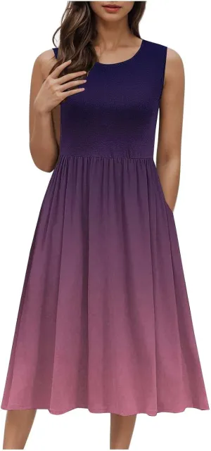 Women Sleeveless Casual Dresses Summer Trendy Midi Length Dress Gradient Color Beach Sundress Vacation Clothes
