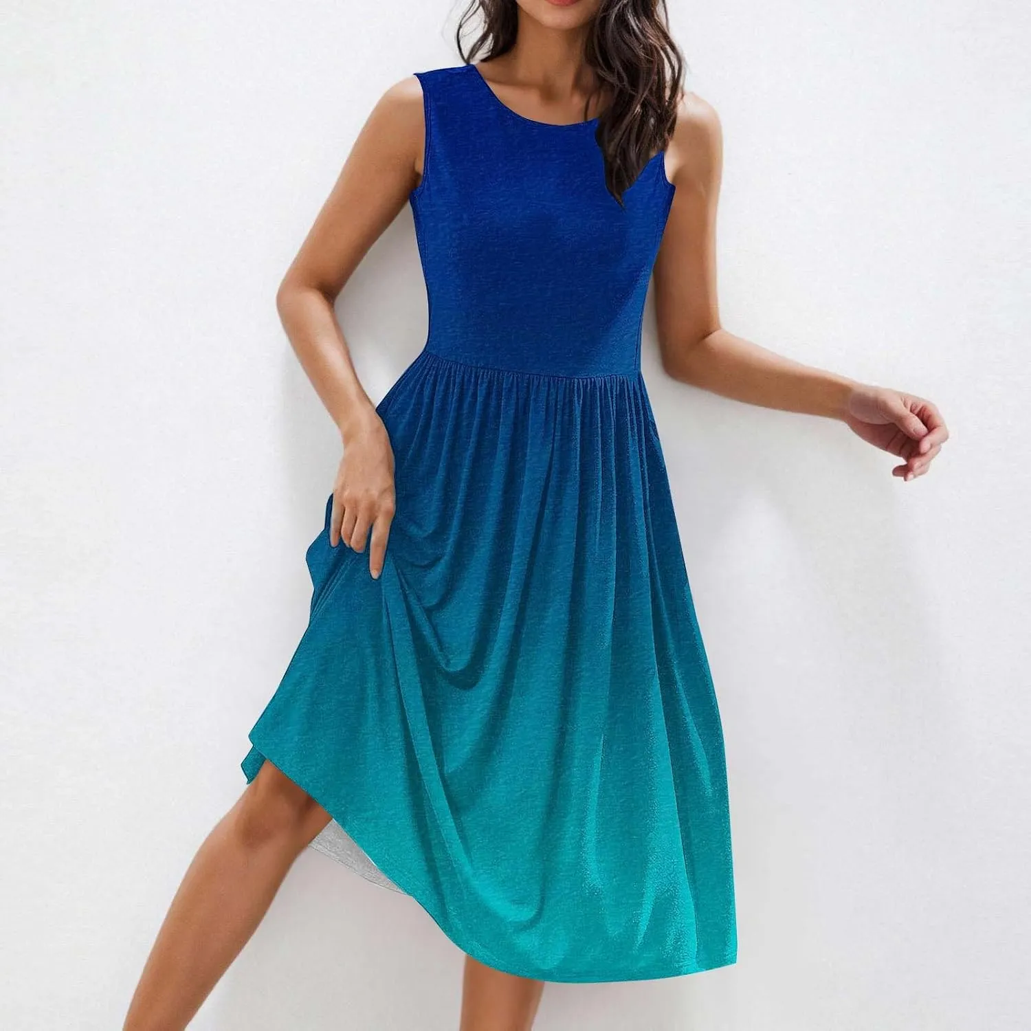 Women Sleeveless Casual Dresses Summer Trendy Midi Length Dress Gradient Color Beach Sundress Vacation Clothes
