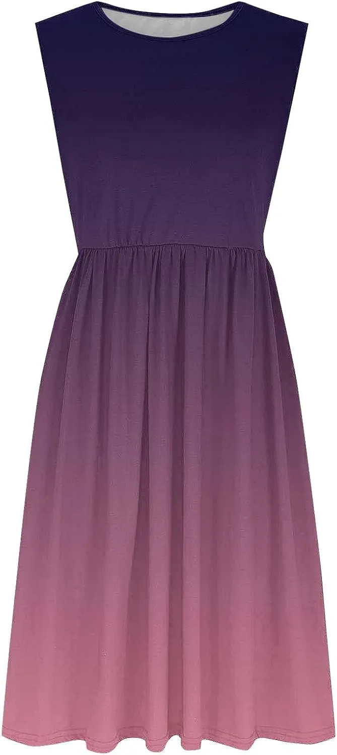 Women Sleeveless Casual Dresses Summer Trendy Midi Length Dress Gradient Color Beach Sundress Vacation Clothes