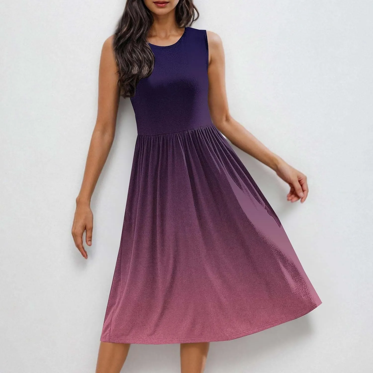 Women Sleeveless Casual Dresses Summer Trendy Midi Length Dress Gradient Color Beach Sundress Vacation Clothes