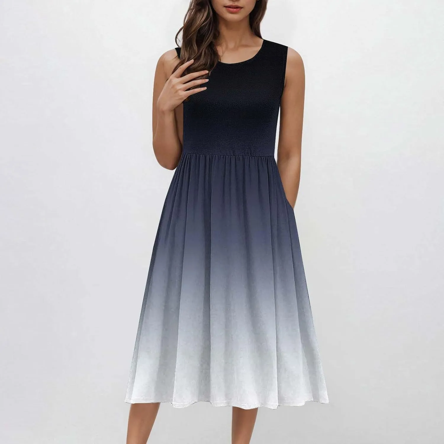 Women Sleeveless Casual Dresses Summer Trendy Midi Length Dress Gradient Color Beach Sundress Vacation Clothes