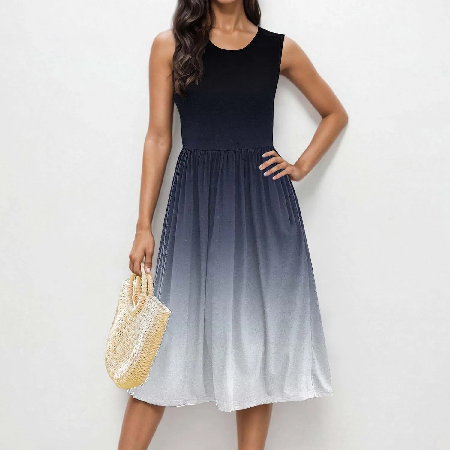 Women Sleeveless Casual Dresses Summer Trendy Midi Length Dress Gradient Color Beach Sundress Vacation Clothes