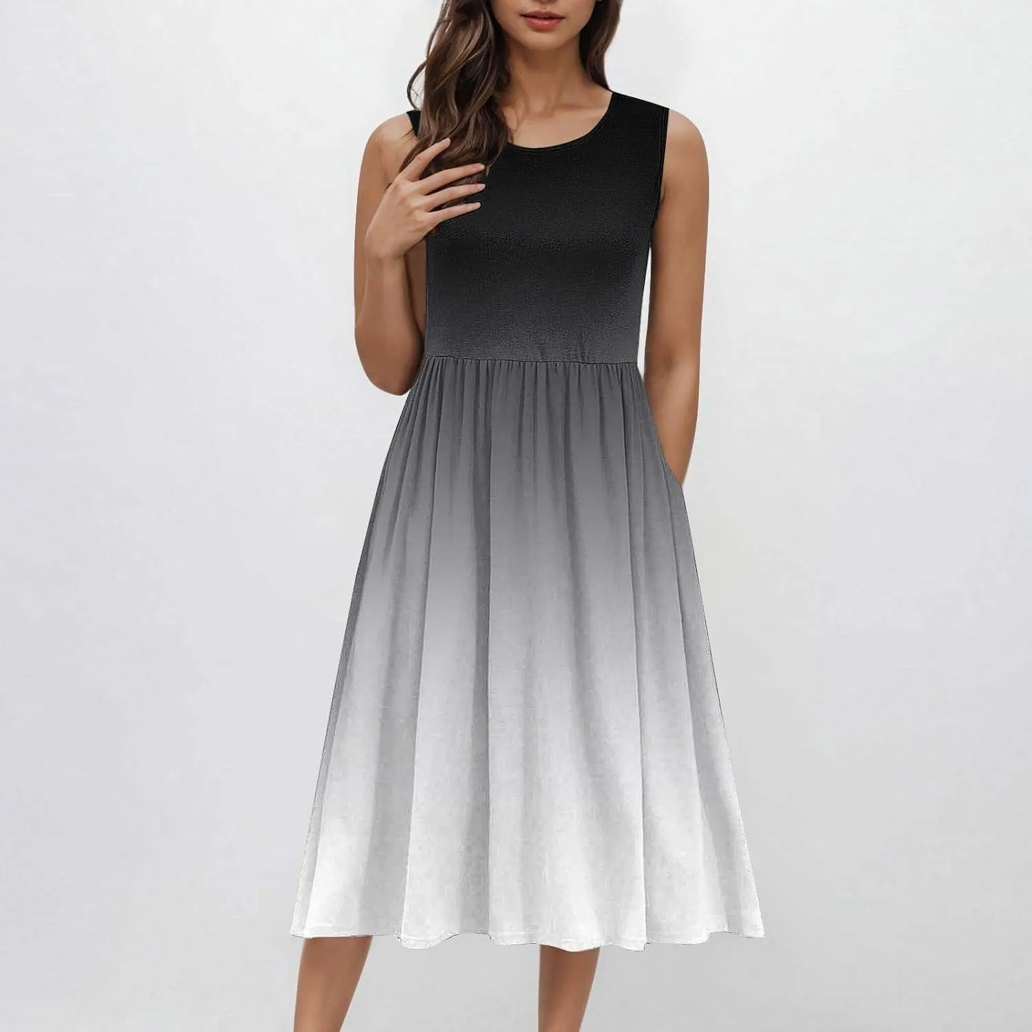 Women Sleeveless Casual Dresses Summer Trendy Midi Length Dress Gradient Color Beach Sundress Vacation Clothes