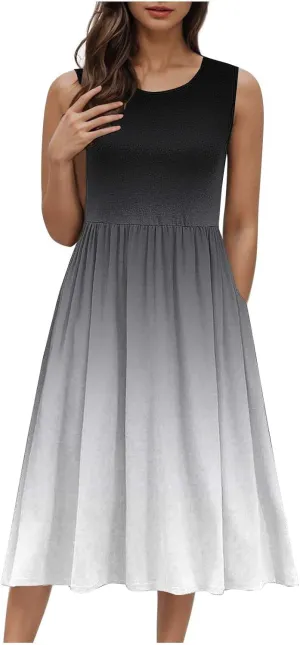 Women Sleeveless Casual Dresses Summer Trendy Midi Length Dress Gradient Color Beach Sundress Vacation Clothes