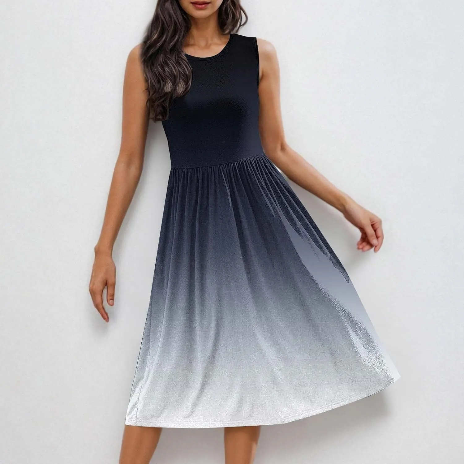 Women Sleeveless Casual Dresses Summer Trendy Midi Length Dress Gradient Color Beach Sundress Vacation Clothes