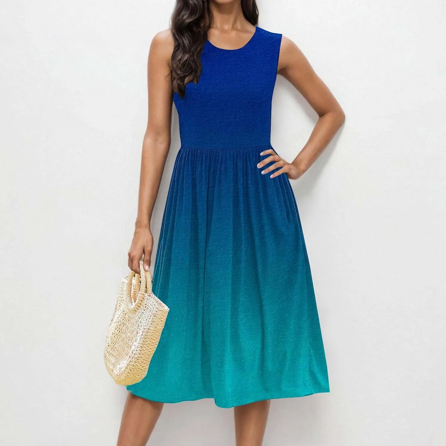 Women Sleeveless Casual Dresses Summer Trendy Midi Length Dress Gradient Color Beach Sundress Vacation Clothes