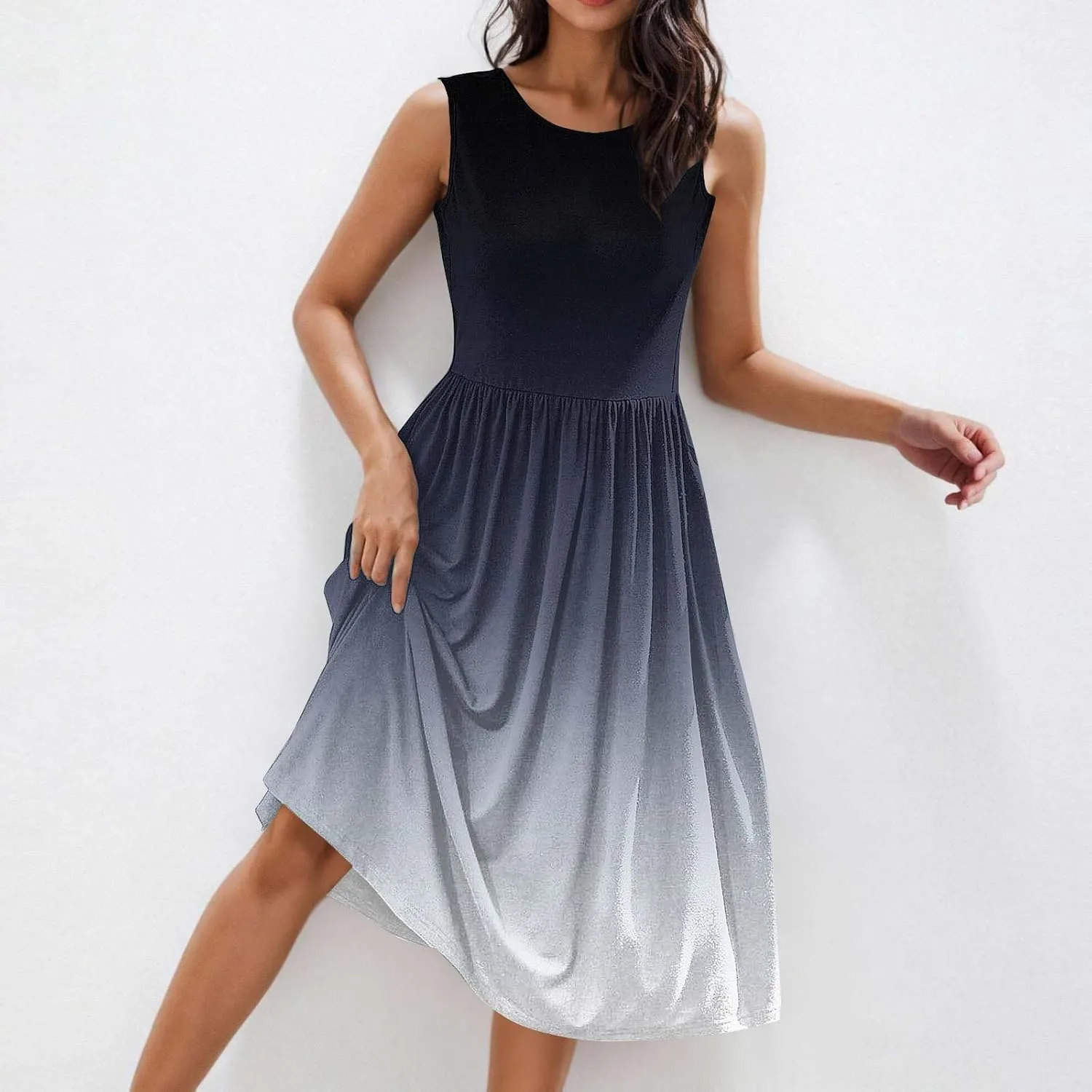 Women Sleeveless Casual Dresses Summer Trendy Midi Length Dress Gradient Color Beach Sundress Vacation Clothes