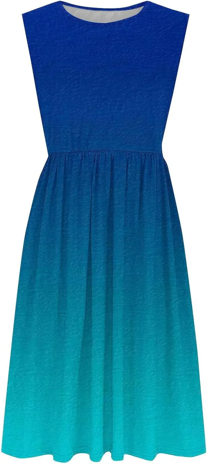 Women Sleeveless Casual Dresses Summer Trendy Midi Length Dress Gradient Color Beach Sundress Vacation Clothes