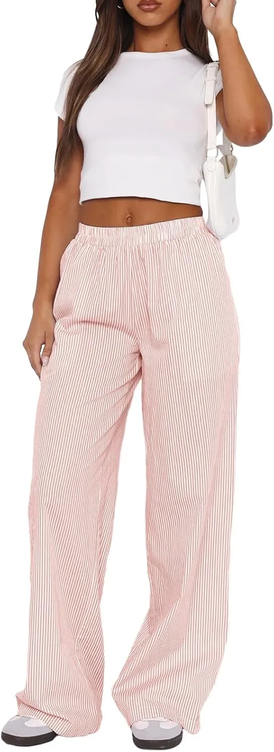 Women Striped Pajamas Pants Y2K Linen Baggy Wide Leg Lounge Pants Comfy Pjs Bottom Trousers with Pockets
