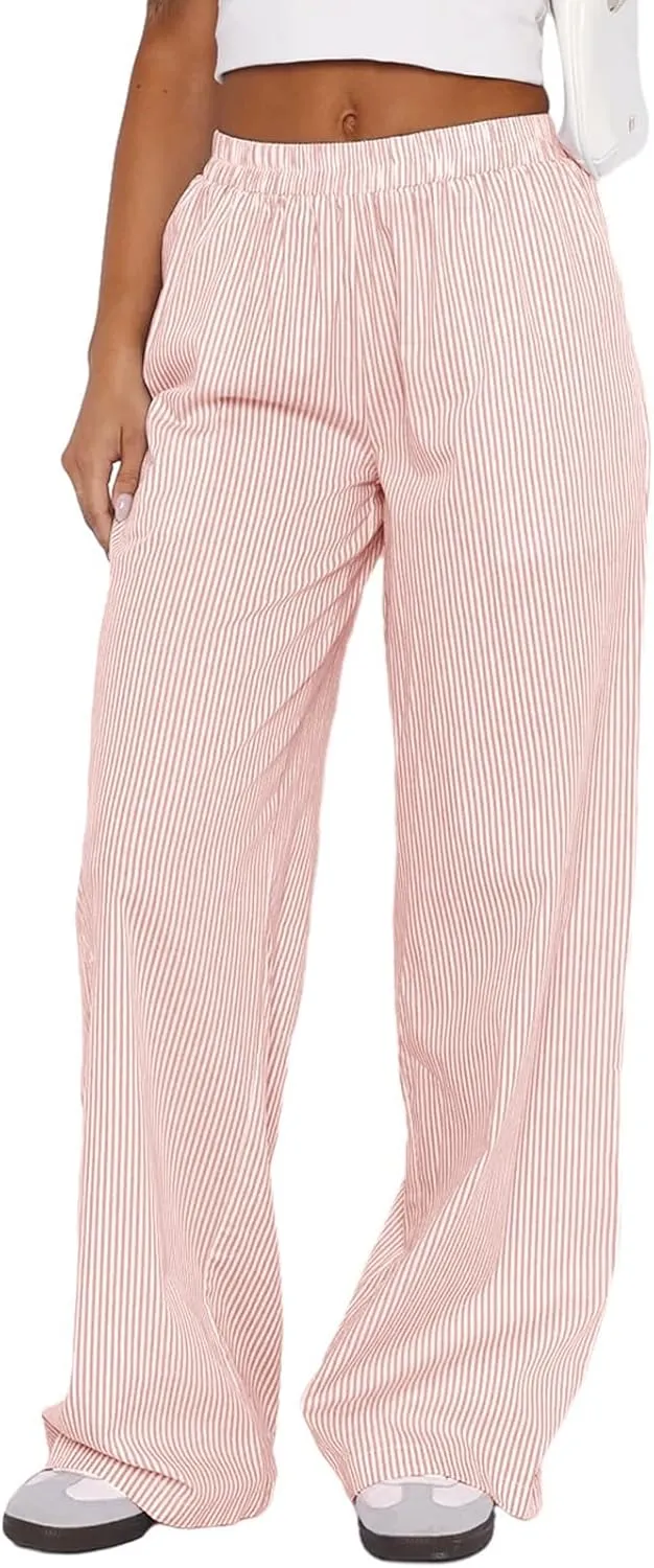Women Striped Pajamas Pants Y2K Linen Baggy Wide Leg Lounge Pants Comfy Pjs Bottom Trousers with Pockets