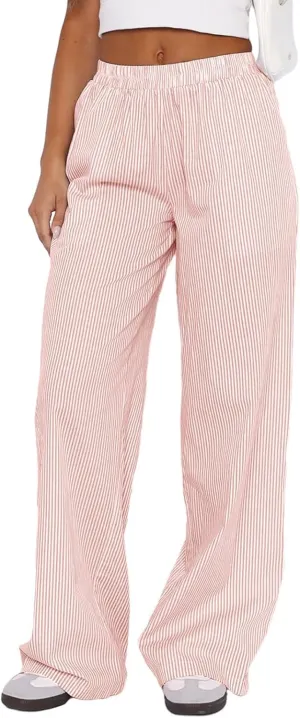 Women Striped Pajamas Pants Y2K Linen Baggy Wide Leg Lounge Pants Comfy Pjs Bottom Trousers with Pockets