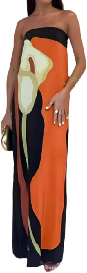 Women Summer 2024 Strapless Maxi Tube Dress Tie Dye Bodycon Backless Party Club Long Dresses