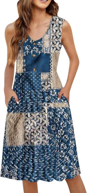 Women Summer Casual Sleeveless V Neck Dresses Button Down Sundress Beach Vacation with Pockets Travel Outfits