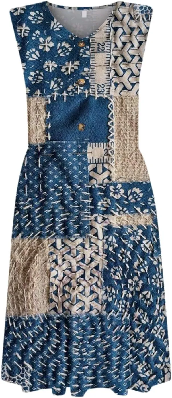Women Summer Casual Sleeveless V Neck Dresses Button Down Sundress Beach Vacation with Pockets Travel Outfits