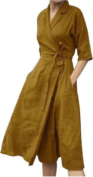Women Summer Cotton Linen Dresses Wrap V Neck Tie Waist Half Sleeve Casual Elegant Formal Work Shirt Dress with Pocket