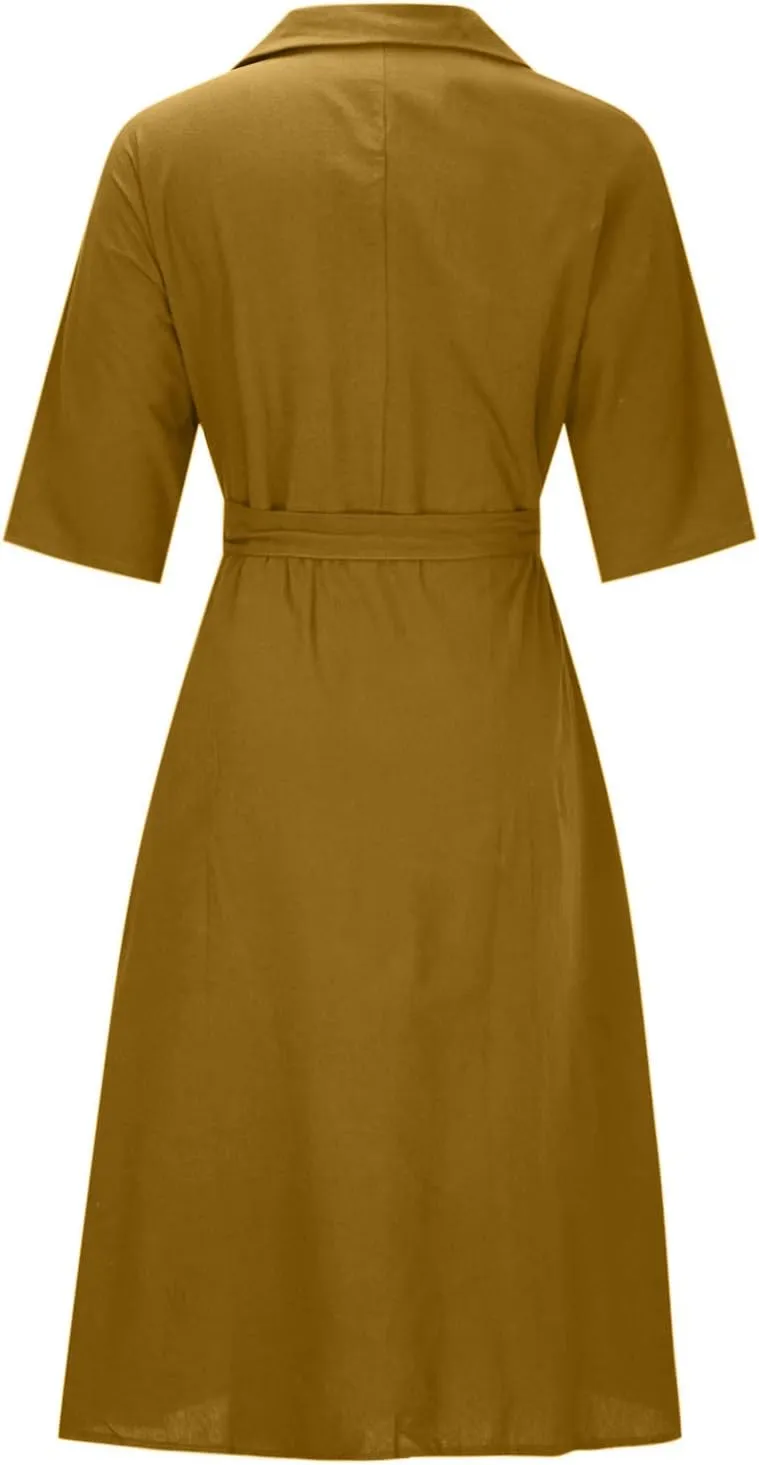Women Summer Cotton Linen Dresses Wrap V Neck Tie Waist Half Sleeve Casual Elegant Formal Work Shirt Dress with Pocket