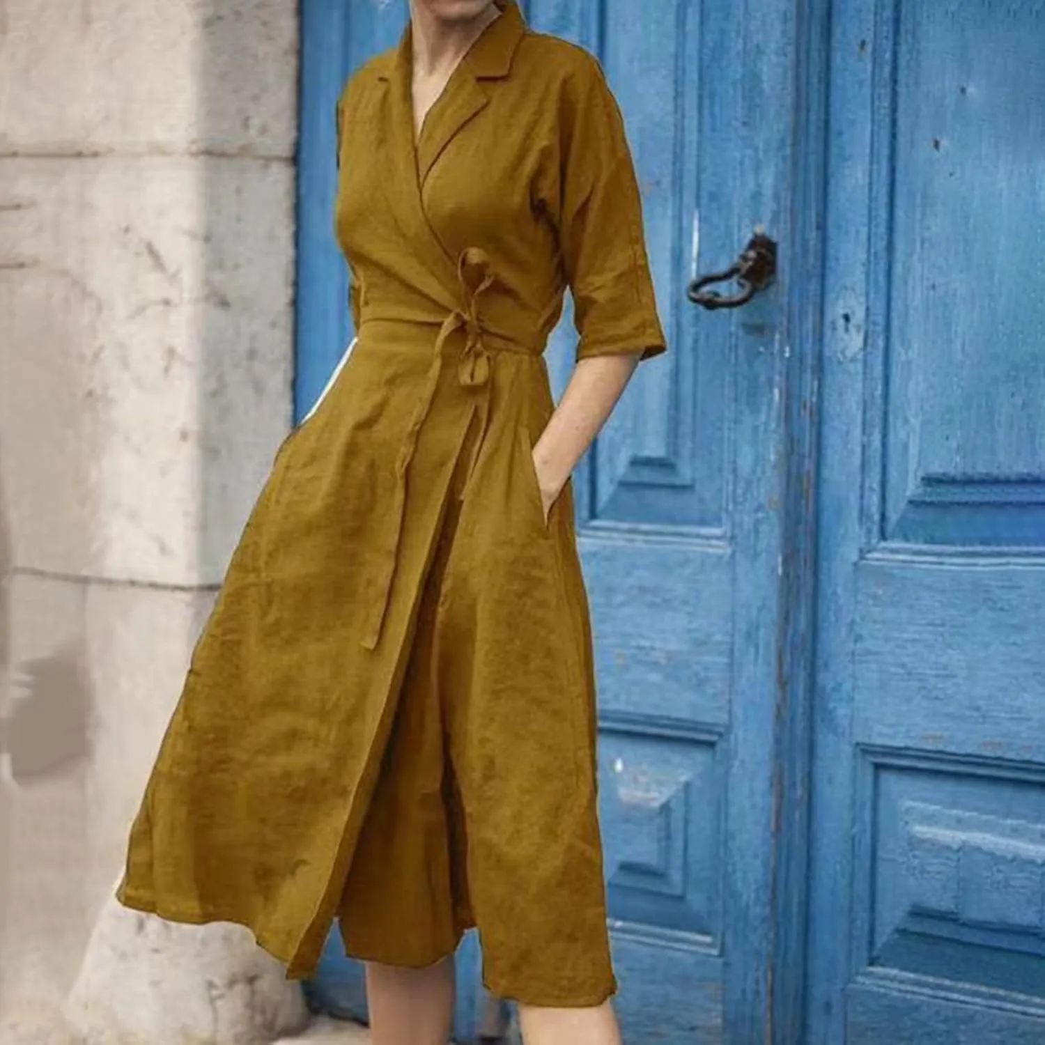 Women Summer Cotton Linen Dresses Wrap V Neck Tie Waist Half Sleeve Casual Elegant Formal Work Shirt Dress with Pocket