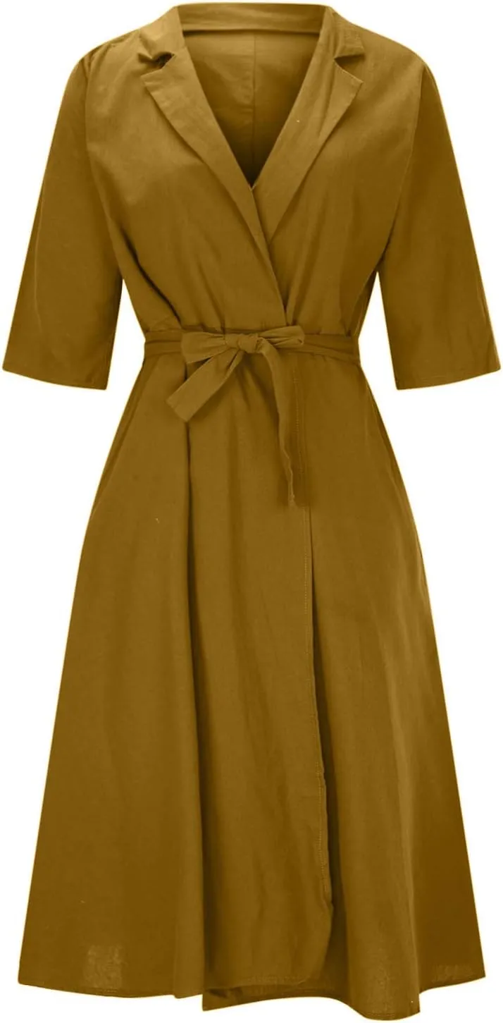 Women Summer Cotton Linen Dresses Wrap V Neck Tie Waist Half Sleeve Casual Elegant Formal Work Shirt Dress with Pocket