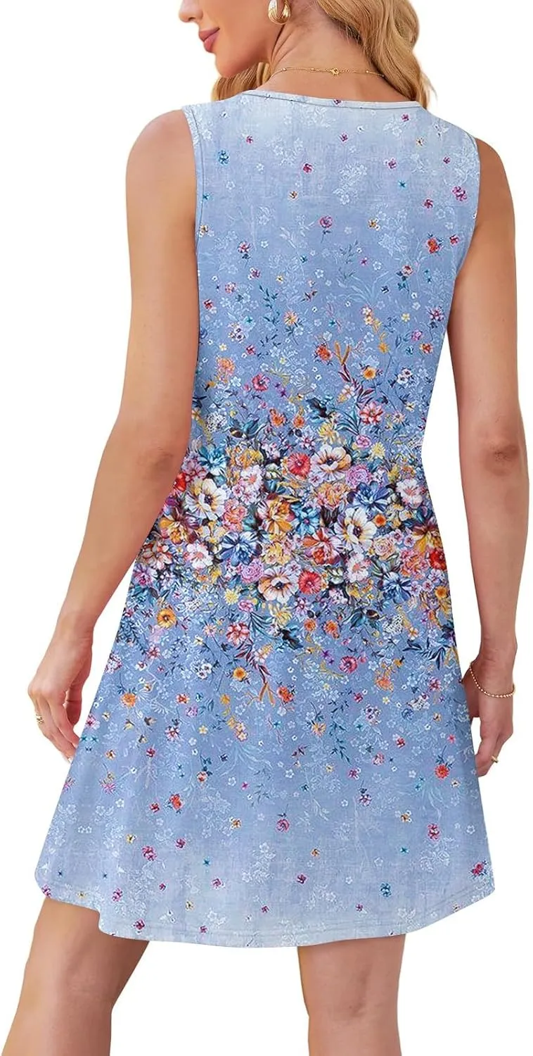 Women Summer Dresses Casual Beach Vacation Sundress Slim Striped Ruffle Floral Printed Hawaiian Tank Dress with Pockets