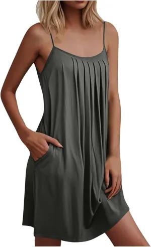 Women Summer Dresses Spaghetti Strap Pleated Mini Cami Sundresses Causal Swing A Line Beach Dress with Pockets