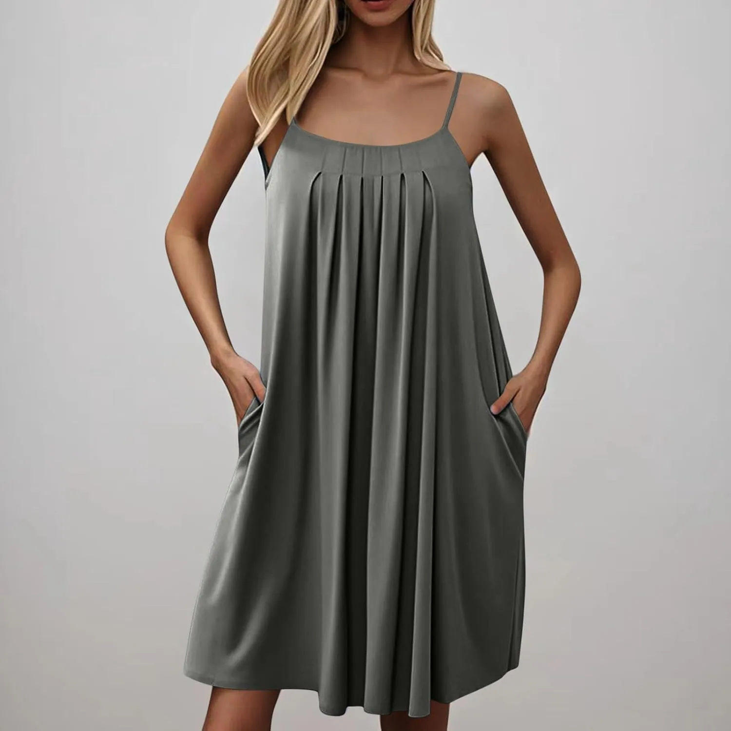 Women Summer Dresses Spaghetti Strap Pleated Mini Cami Sundresses Causal Swing A Line Beach Dress with Pockets