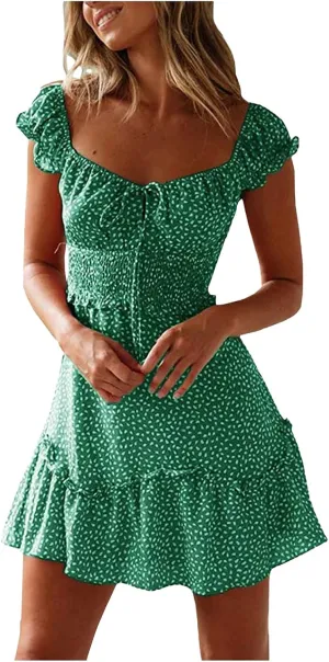 Women Summer Ruffle Sleeve Mini Dress Sweetheart Neckline Printing Dress Sexy Tiered Ruffled Hem Vacation Dresses