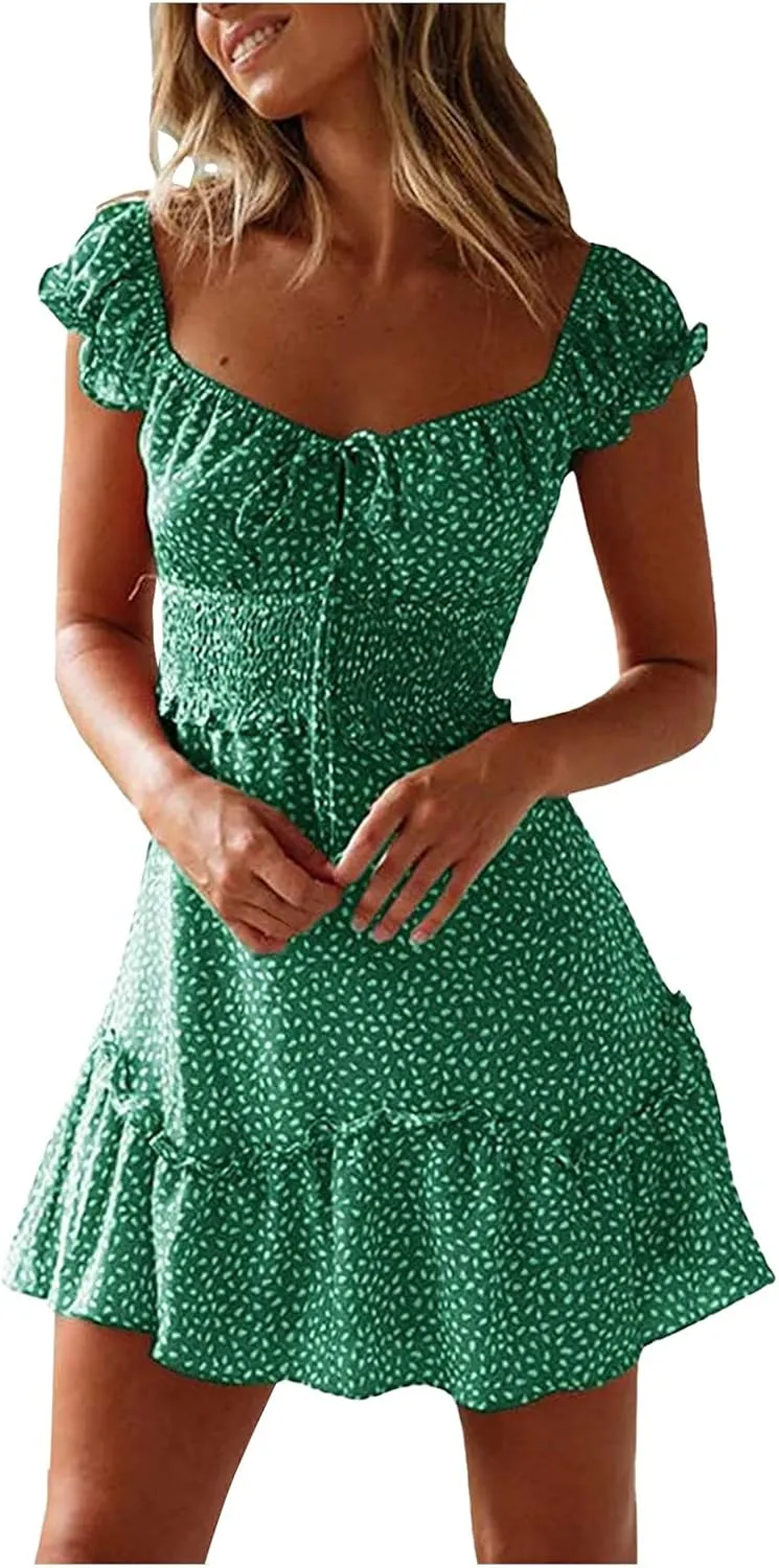 Women Summer Ruffle Sleeve Mini Dress Sweetheart Neckline Printing Dress Sexy Tiered Ruffled Hem Vacation Dresses