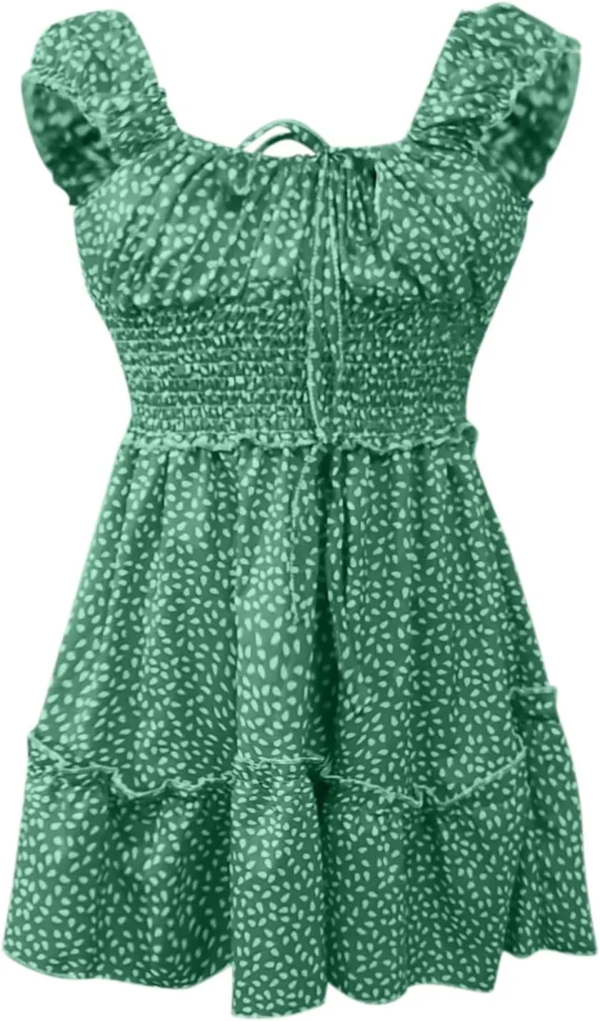 Women Summer Ruffle Sleeve Mini Dress Sweetheart Neckline Printing Dress Sexy Tiered Ruffled Hem Vacation Dresses