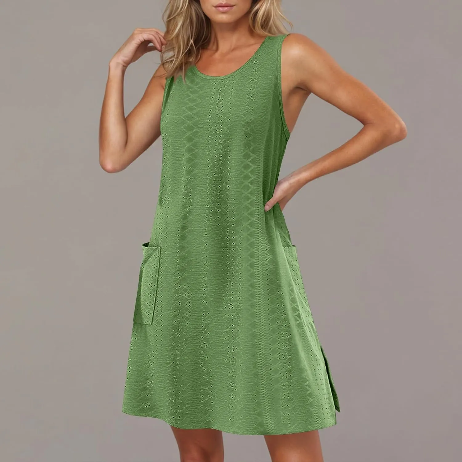 Women Summer Sleeveless Dresses Eyelet Embroidered Side Slit Sundress Crew Neck Fit Mini Dress with Two Pockets