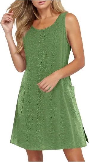 Women Summer Sleeveless Dresses Eyelet Embroidered Side Slit Sundress Crew Neck Fit Mini Dress with Two Pockets