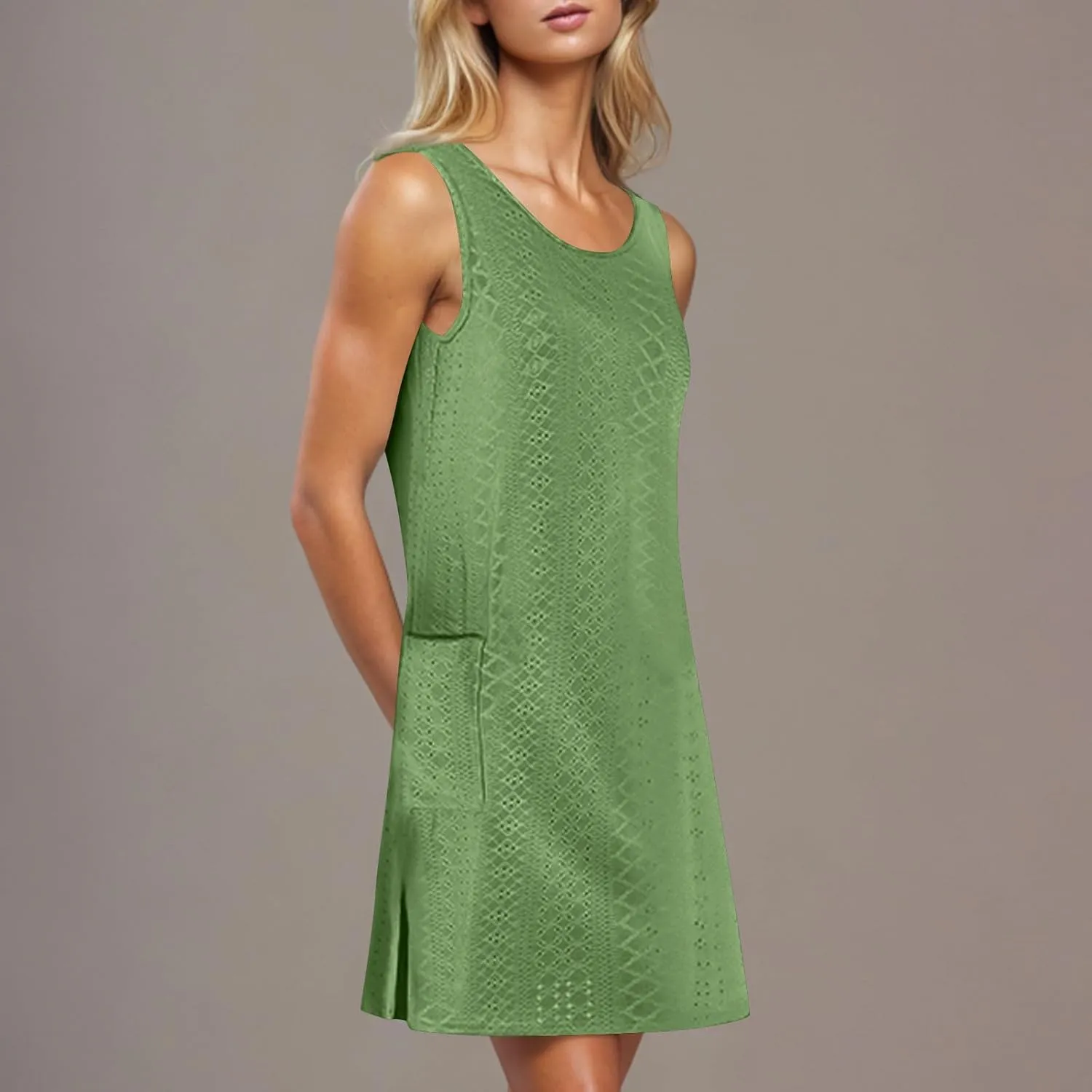 Women Summer Sleeveless Dresses Eyelet Embroidered Side Slit Sundress Crew Neck Fit Mini Dress with Two Pockets