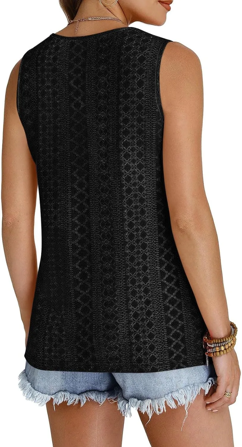 Women Summer Tank Top Eyelet Embroidery Sleeveless V Neck Shirt Loose Work Tunic 2025 Summer Fashion Casual Clothes