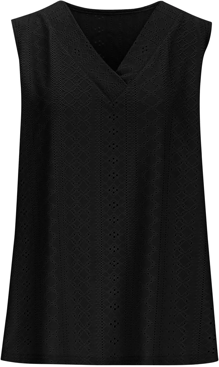 Women Summer Tank Top Eyelet Embroidery Sleeveless V Neck Shirt Loose Work Tunic 2025 Summer Fashion Casual Clothes