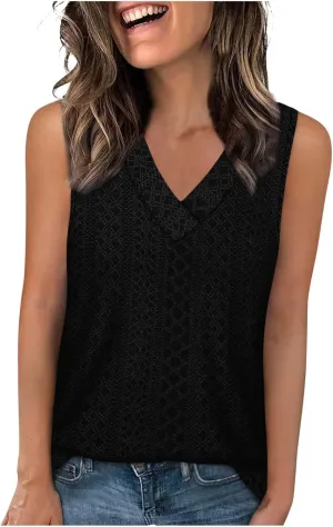 Women Summer Tank Top Eyelet Embroidery Sleeveless V Neck Shirt Loose Work Tunic 2025 Summer Fashion Casual Clothes